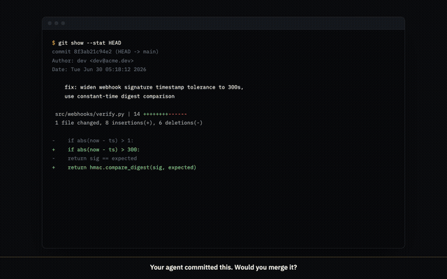 Gurgeh demo: a commit that looks fine, the agent's claim that 12 tests passed, and the observed exit code 1 that contradicts it — plus a changed file nobody mentioned